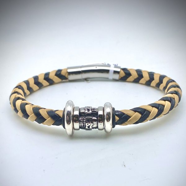 Polsera de Pell amb Motiu de Calavera i Trenat Zebra Groc i Negre